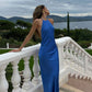 Blue simple elegant slim strap long satin ball gown evening dress party dress nv2397