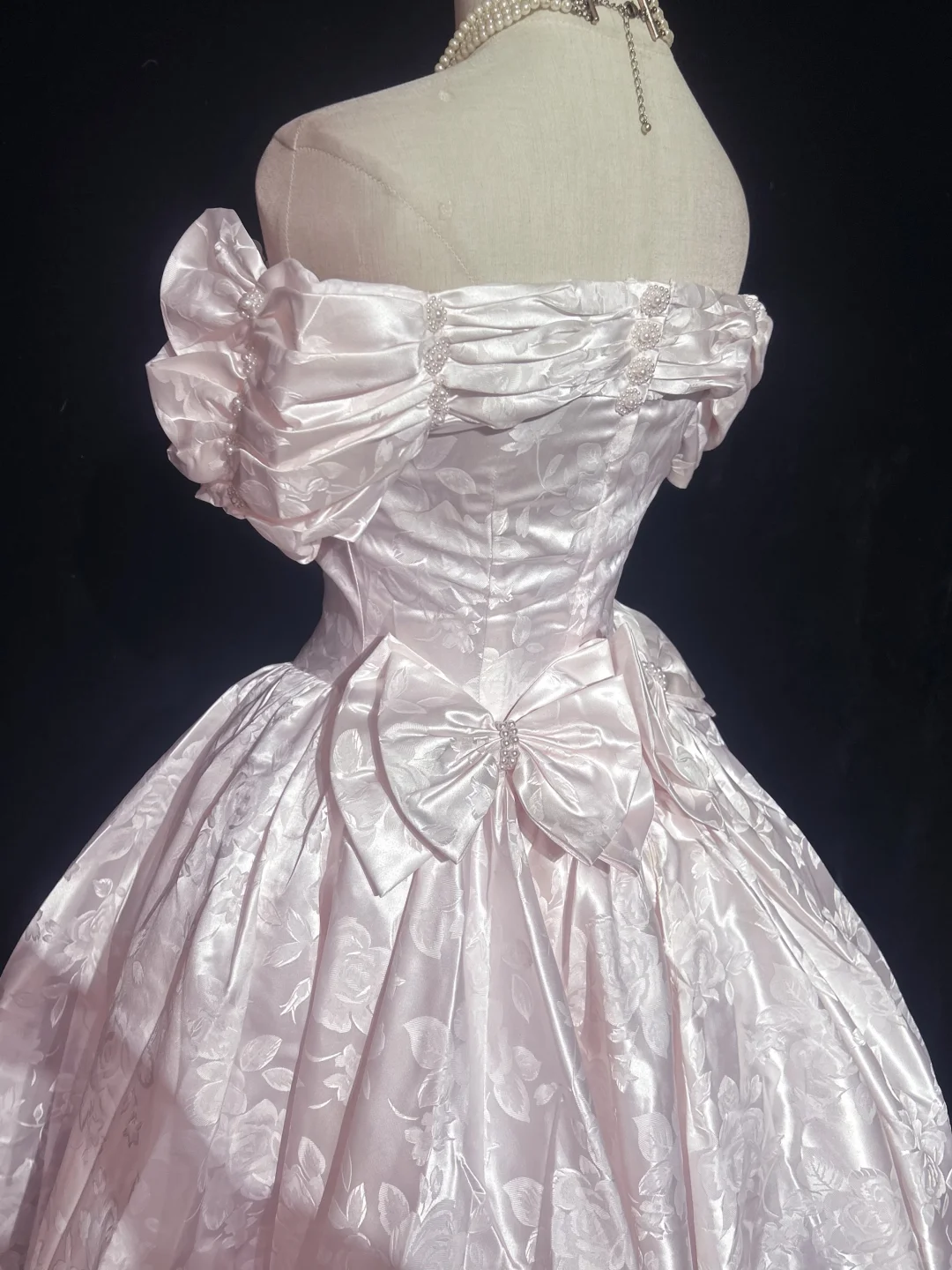 Off Shoulder Pale Pink Vintage Tea Length Prom Dress Jacquard Satin Puff Sleeve Floral Pattern A-Line Formal Gown  NV6900
