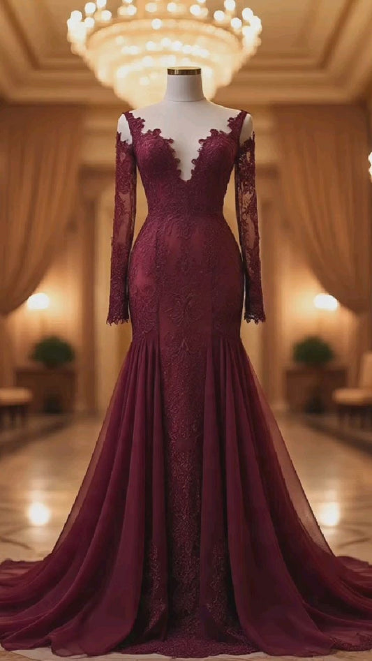 NiceVestidos-Burgundy Delicate Lace Long-Sleeved Prom Dress NV6130