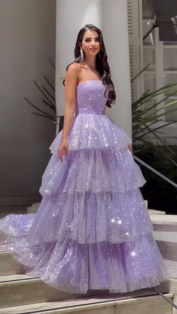 Light Purple Sparkling Tulle Sequin A-Line Long Tiered Ball Gown Evening Dress nv2651