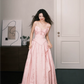 Strapless Dusty Pink Satin Jacquard Evening Gown, Bow Detail Corset Prom Dress with Train  NV7388