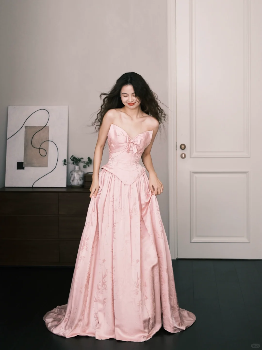 Strapless Dusty Pink Satin Jacquard Evening Gown, Bow Detail Corset Prom Dress with Train  NV7388