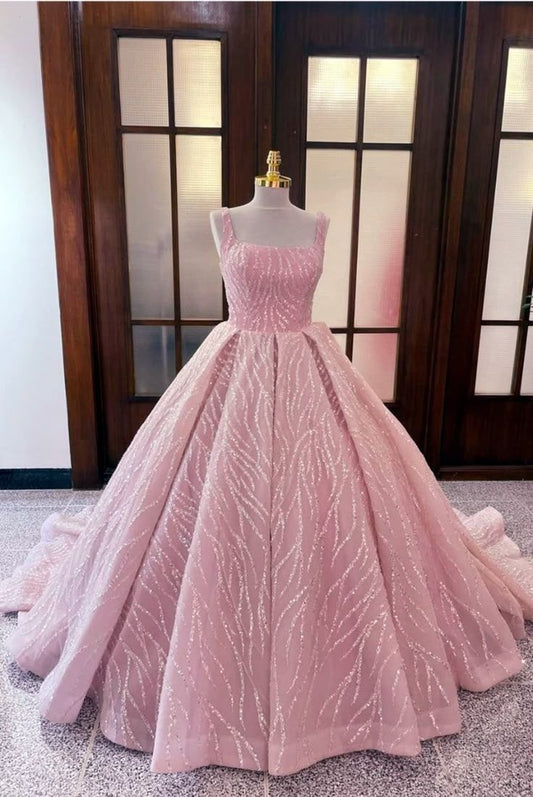 NiceVestidos-Pink Delicate Beaded Long Tulle Ball Gown NV6126