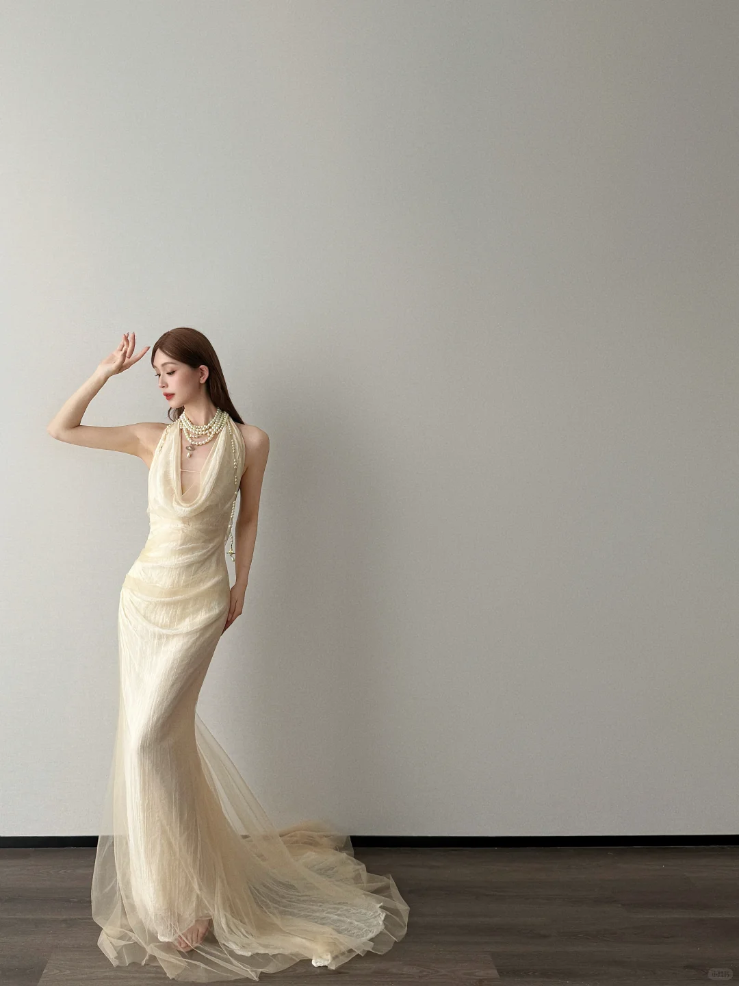 Halter Cowl Neck Mermaid Evening Dress Light Champagne Tulle Gown  NV7121