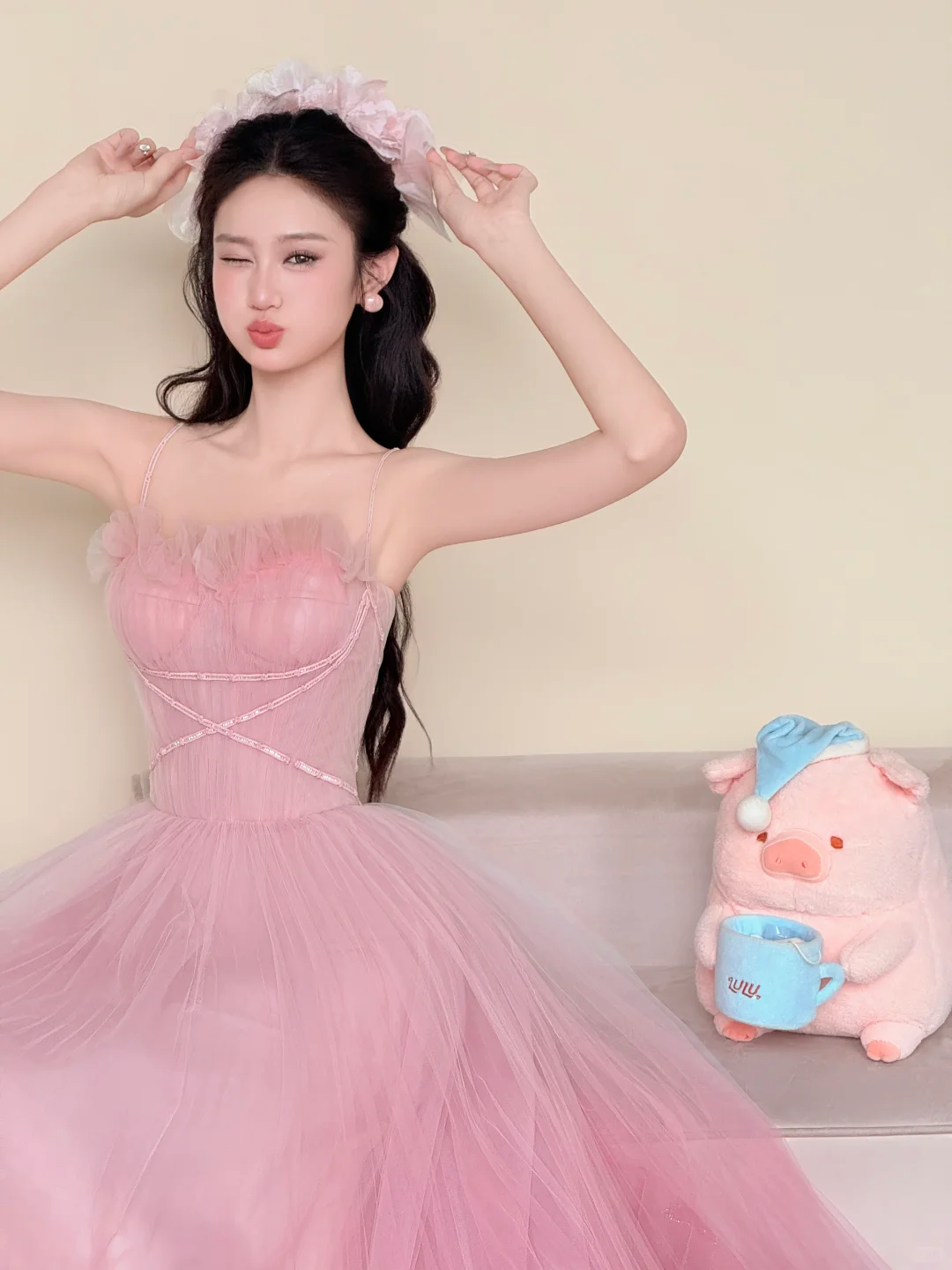 Spaghetti Strap Pink Ombre Glitter Petal Princess Ball Gown Prom Dress  NV7421
