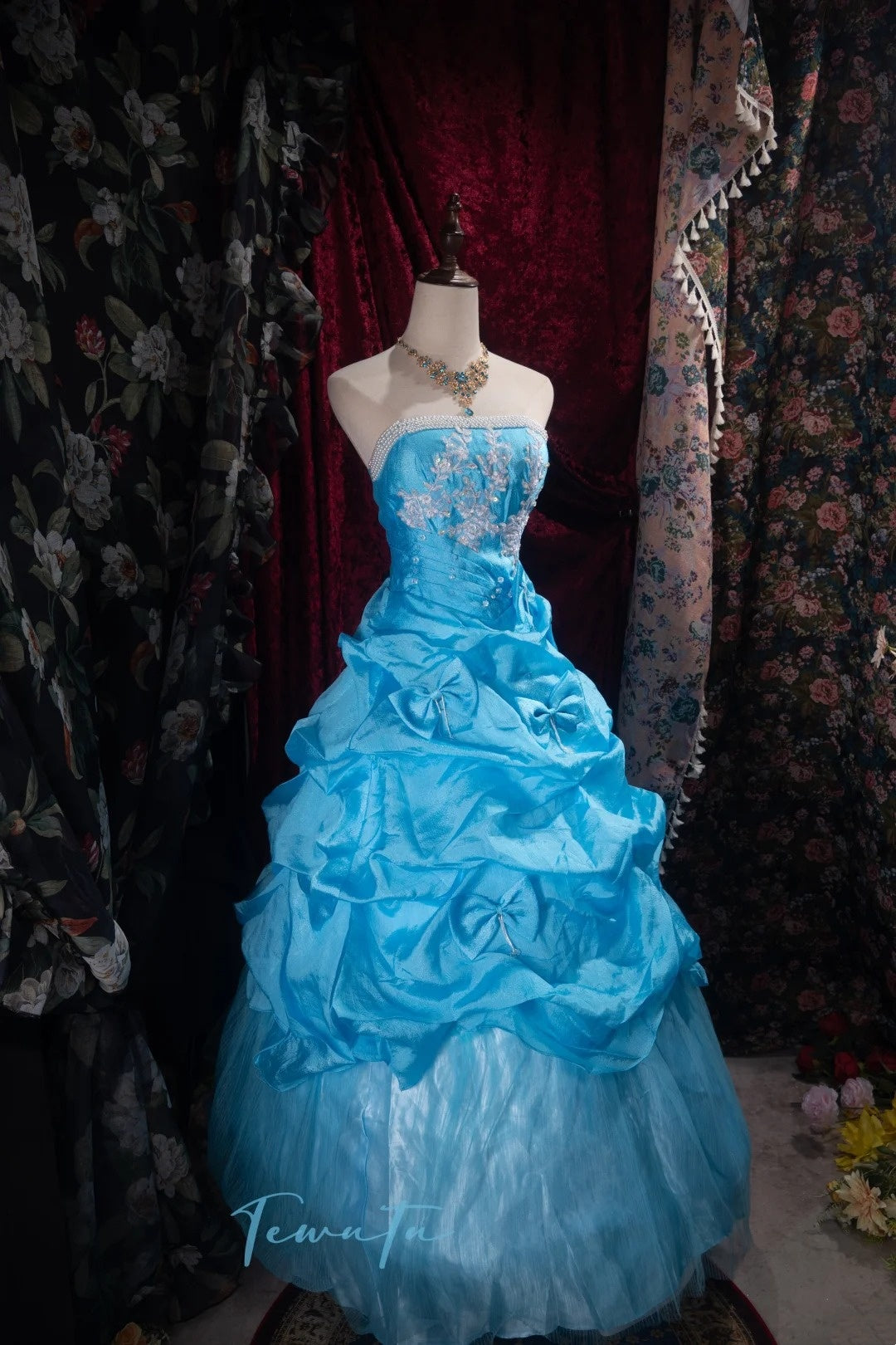 Blue delicately beaded long tulle ball gown NV6661