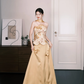 Gold Chinese Style Floral Satin Evening Gown, Strapless Corset Reception Dress  NV7292