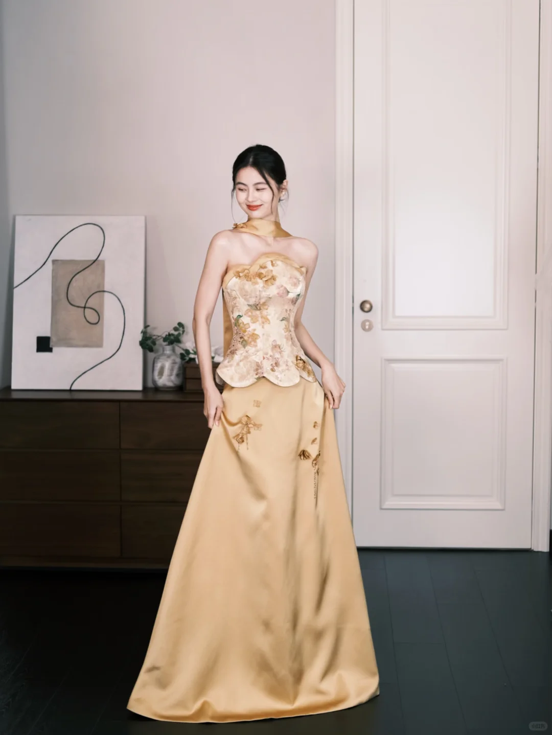 Gold Chinese Style Floral Satin Evening Gown, Strapless Corset Reception Dress  NV7292