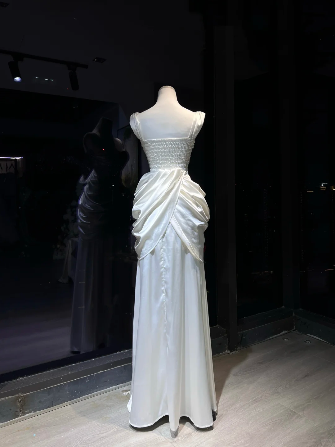 White Satin Corset Evening Dress, Spaghetti Strap Gown with 3D Burgundy Roses & Ruched Detail  NV7083