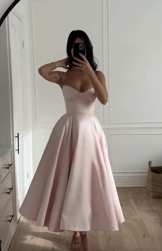 Pink Spaghetti Straps Simple Elegant Long Ball Gown Evening Gown Birthday Gown Party Dress nv2302