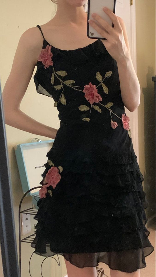 NiceVestidos--Black pink floral short chiffon fairy gown homecoming dress NV5723