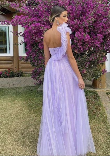 Light purple A-line floor-length tulle long ball gown evening gown bridal shower guest dress bridesmaid dress nv11