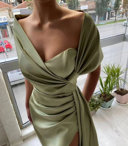 V Neck Pleated Slit Ball Gown Bodycon Off Shoulder Pleated Satin Long Formal Evening Gown nv1755