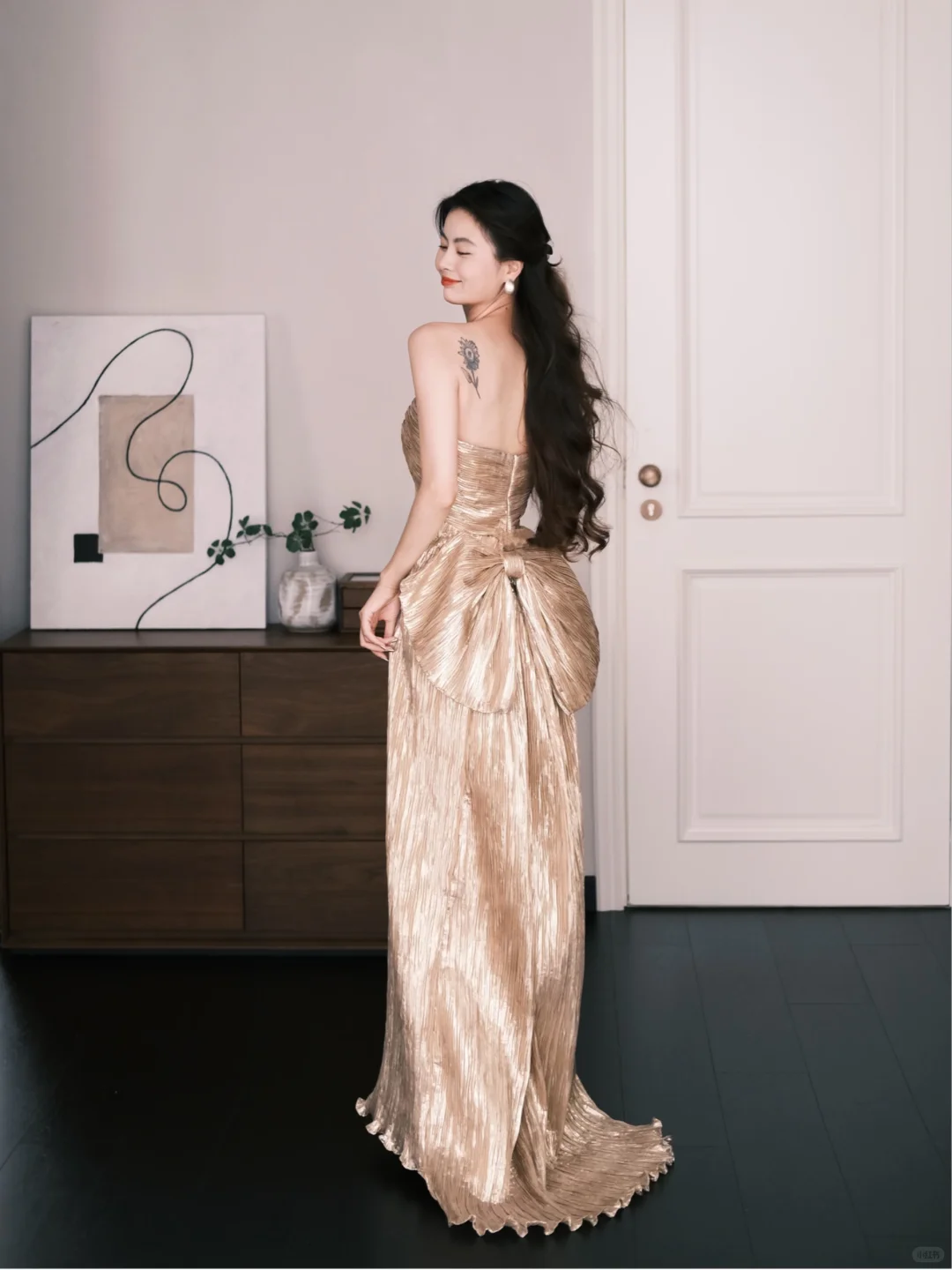 Champagne Gold Strapless Metallic Prom Dress Big Bow Evening Gown  NV7221