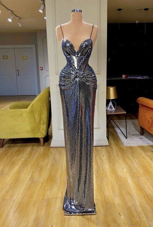Silver Shiny Sexy Elegant Mermaid Bodycon Mermaid Long Satin Floor Length Evening Gown Prom Dress Party Dress nv5112