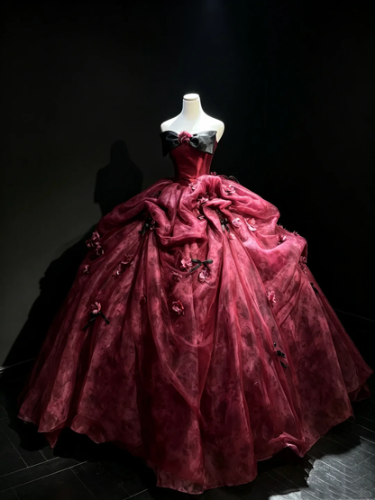 Burgundy Strapless Vintage Princess Ball Gown Black Bow 3D Flowers Printed Organza Long Evening Gown  NV7010
