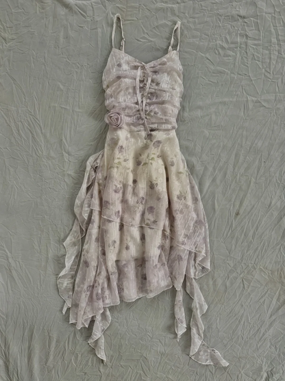 Light Purple Floral Spaghetti Strap Short Homecoming Dress V Neck Ruched 3D Flower Irregular Ruffle Hem Vintage Cocktail Gown  NV6918