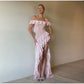 Pink Chiffon Ruffle Slit Beach Style Midi Evening Dress Ball Gown Party Dress nv1963