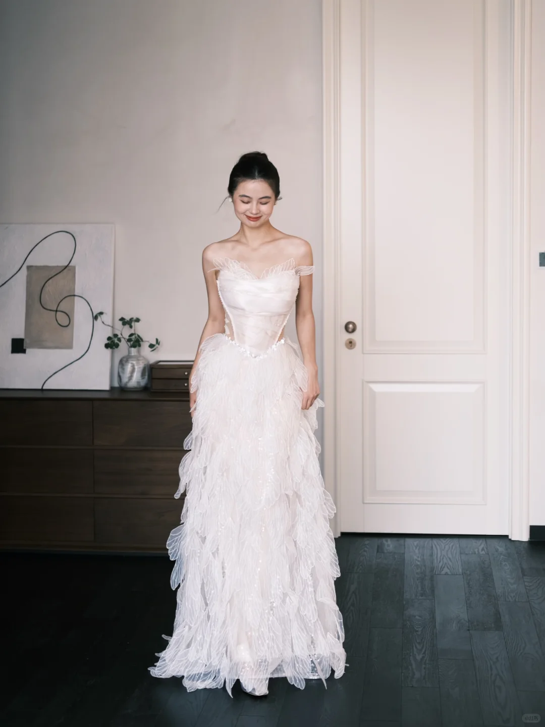 Off Shoulder Sheer Leaf Petal Tulle Bridal Gown, Boned Corset Wedding Dress  NV7362