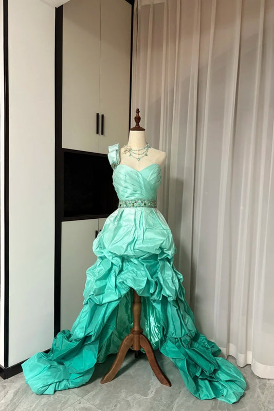 Mint Green Ombre One-Shoulder Ruffled Trailing Formal Dress Mermaid Style Rhinestone Belt Evening Gown   NV6866