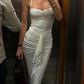 White Fashion Solid Halter Neck Ruffle Lace Slit Resort Style Dress Ball Gown Evening Gown Party Dress nv1951