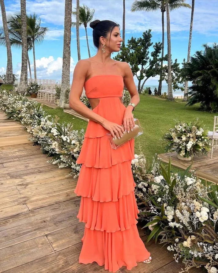 Orange Strapless Tiered A-Line Long Ball Gown Evening Gown Party Dress nv2207