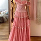 Pink Cute Off Shoulder A-Line Long Elegant Chiffon Ruffle Ball Gown Evening Dress Fashion Holiday Party Dress nv3582