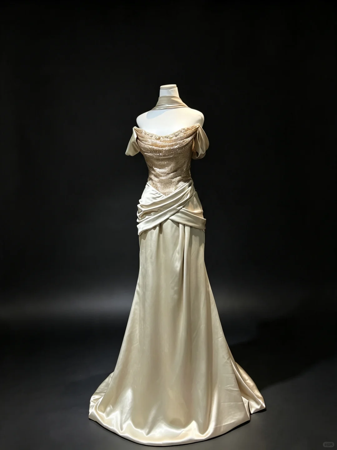 Champagne Off Shoulder Mermaid Formal Gown Beaded Sequin Cross Ruched Satin Vintage Evening Dress  NV6967