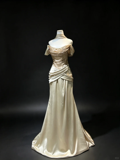 Champagne Off Shoulder Mermaid Formal Gown Beaded Sequin Cross Ruched Satin Vintage Evening Dress  NV6967