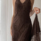 Brown vintage elegant suspender lace spaghetti strap long satin ball gown evening dress nv1375