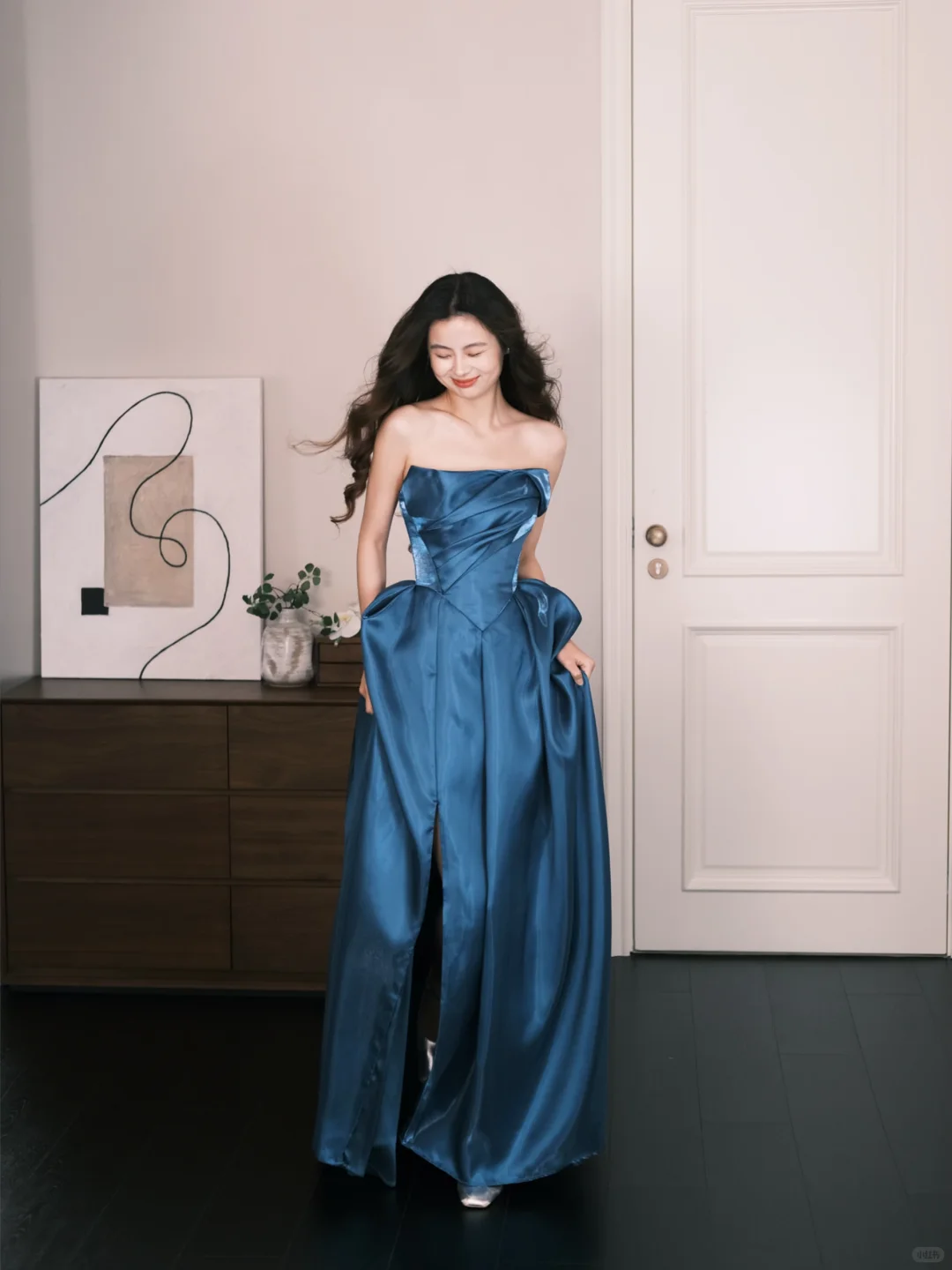 Peacock Blue Strapless Satin High Slit Formal Prom Dress  NV7310