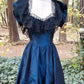 Blue vintage elegant black lace collar neckline long ball gown evening dress nv2832