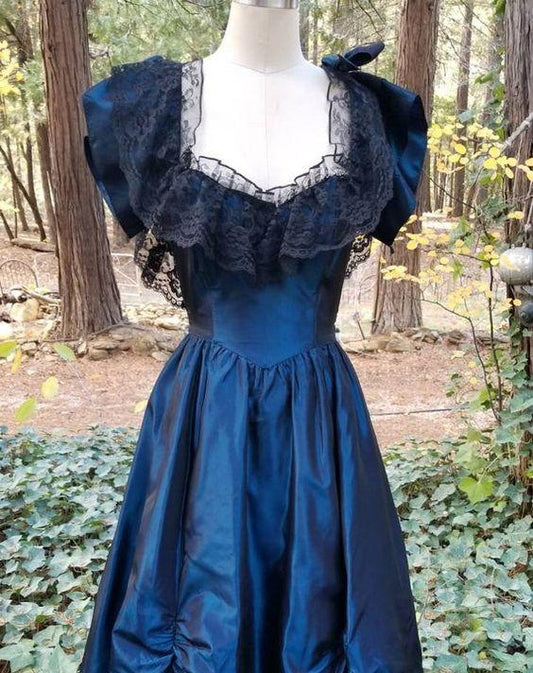 Blue vintage elegant black lace collar neckline long ball gown evening dress nv2832