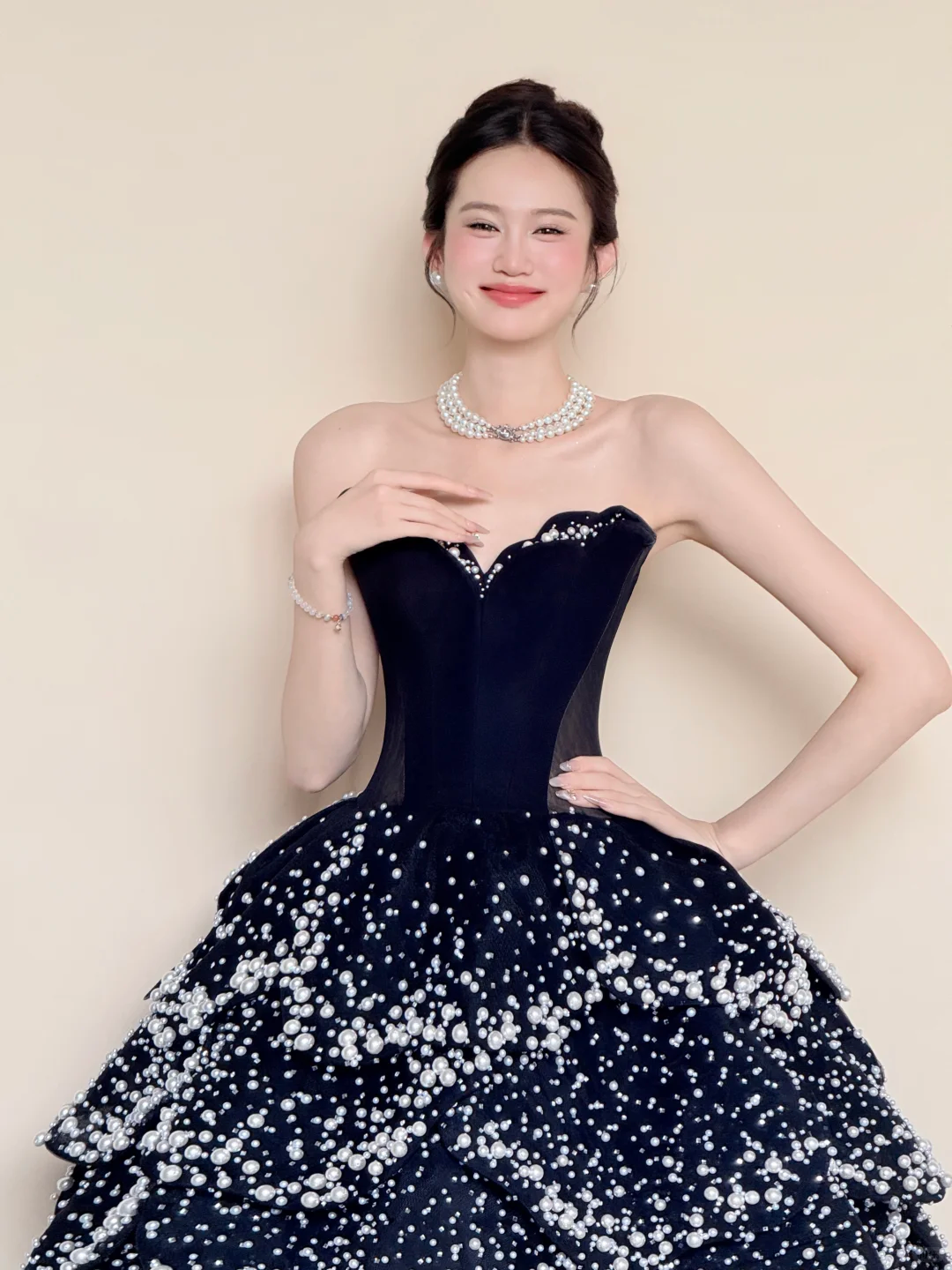 Strapless Black Starry Sky Prom Dress, White Pearl Beaded Tiered Ball Gown  NV7428