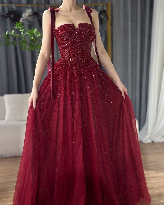 Red shiny sequins spaghetti straps bow long dress long ball gown evening dress nv2732