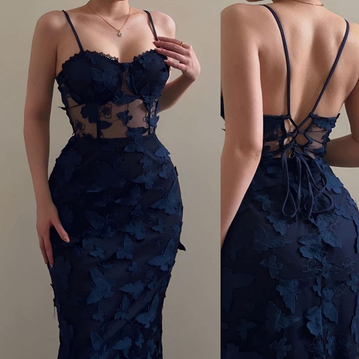 Navy Blue Lace Vintage Mermaid Strap Birthday Party Dress Prom Dress Evening Dress nv2023