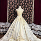 Cream Yellow Gorgeous Exquisite Lace Spaghetti Straps Long Satin Floor Length Train Princess Ball Gown Evening Dress nv4018