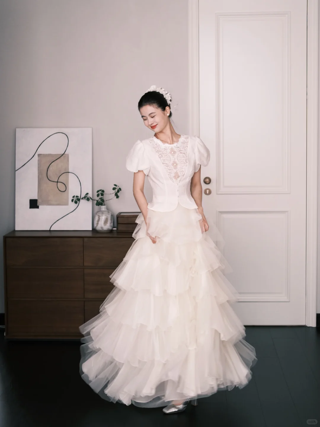 Vintage Tiered Tulle Wedding Dress Ivory Puff Sleeve Lace Bridal Gown  NV7252