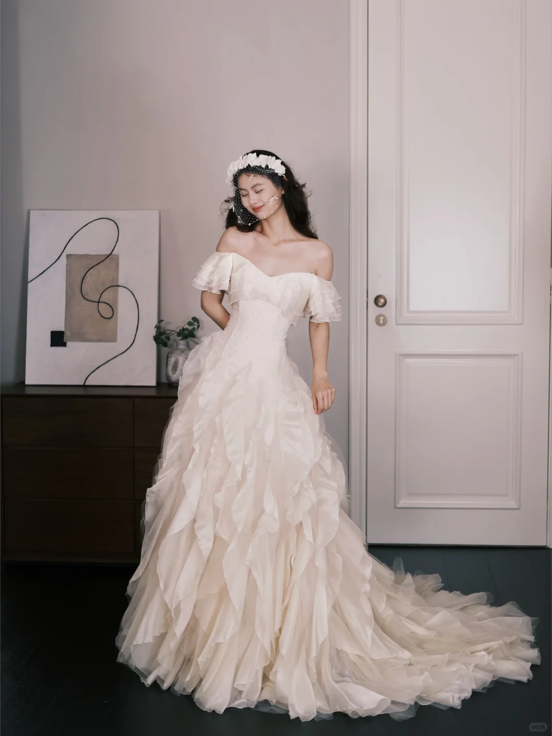Sweetheart Off Shoulder Ruffle Tulle Bridal Gown, A Line Wedding Dress  NV7294