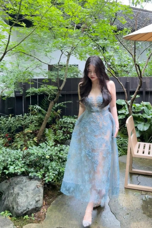 NiceVestidos--Short/medium-length tulle homecoming dress birthday dress blue delicate lace gentle fine sequins mesh elegant Cinderella blue princess dress #birthday outfit #fairydress #blue NV5669