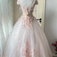 NiceVestidos--Sweet Bride Style：Soft Pink Lace Floral - Decorated Short - Sleeve Floor - Length Wedding Dress NV5813