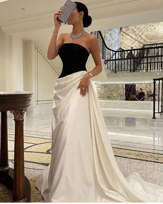 Black and white simple elegant off-shoulder long ball gown evening dress nv1989