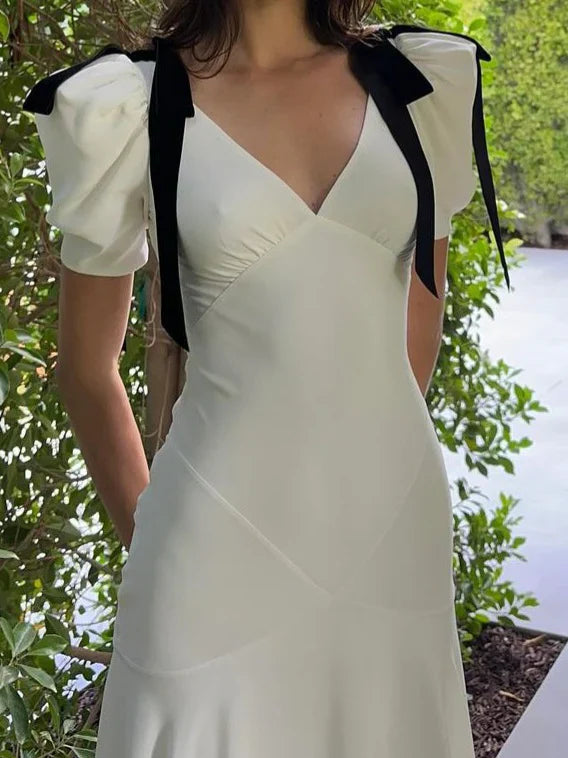 White V-neck Black Bow Short Sleeve Slim Fit Long Ball Gown Evening Dress nv2047