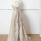 Champagne gold shining elegant tulle long prom dress evening dress party dress nv4753