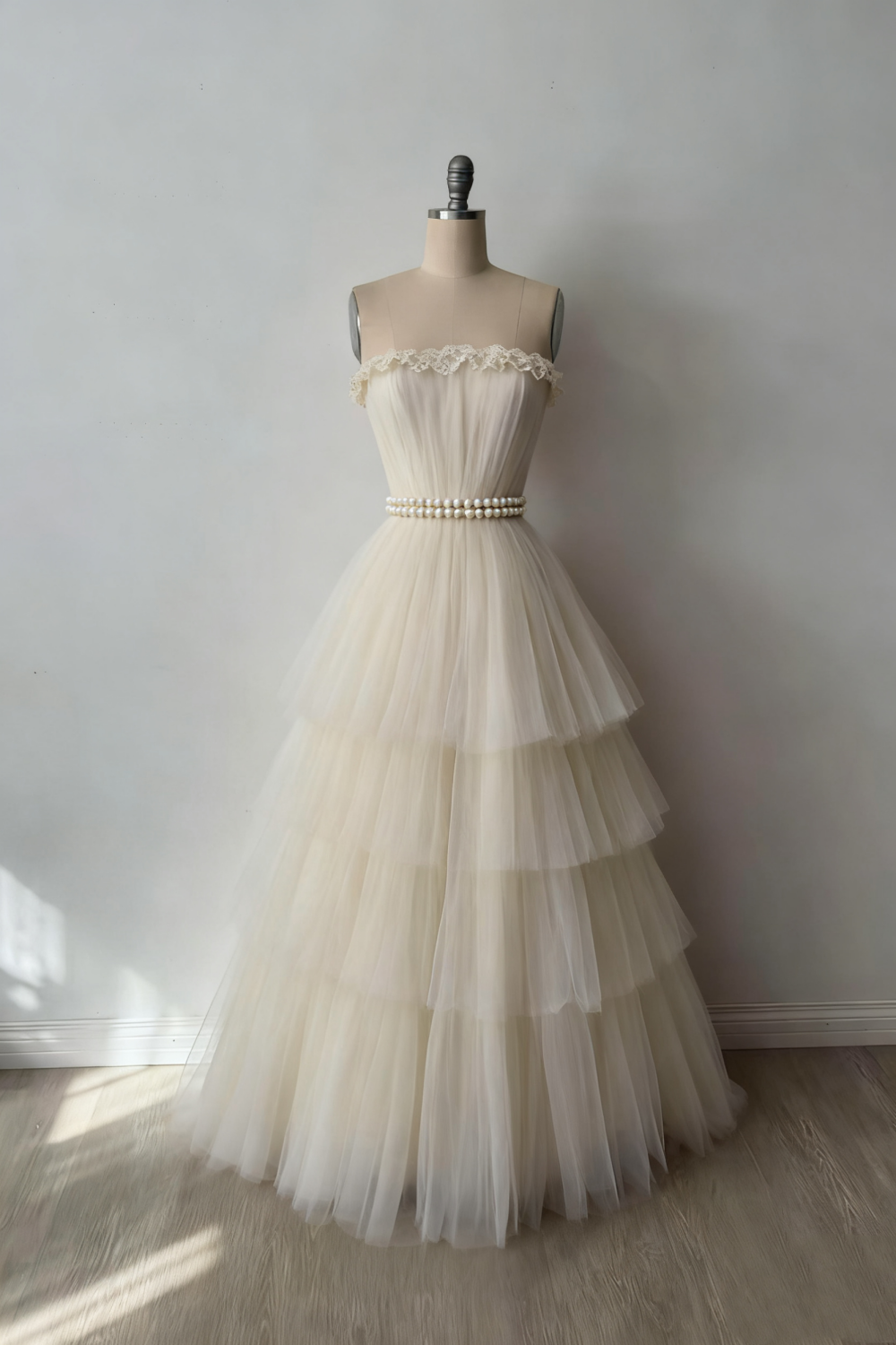 (Exclusive Original Design Dress)Sleeveless Ivory Tulle Gown | Fairy Luxury Lace Pearl Belt Tiered Ball Dress for Gala Gathering NV6305