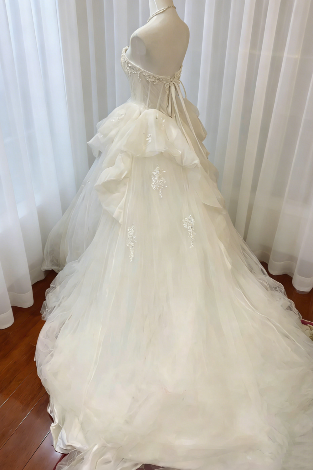 White Strapless Beaded Wedding Gown - Layered Train Ballgown Wedding/Engagement Dinner/Evening Maxi Dress NV6819