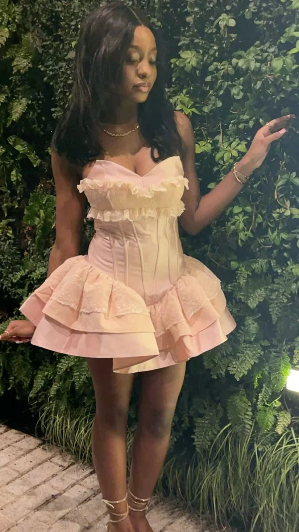 Pink Fashion Satin Lace Short Homecoming Dress Birthday Party Dress nv4695