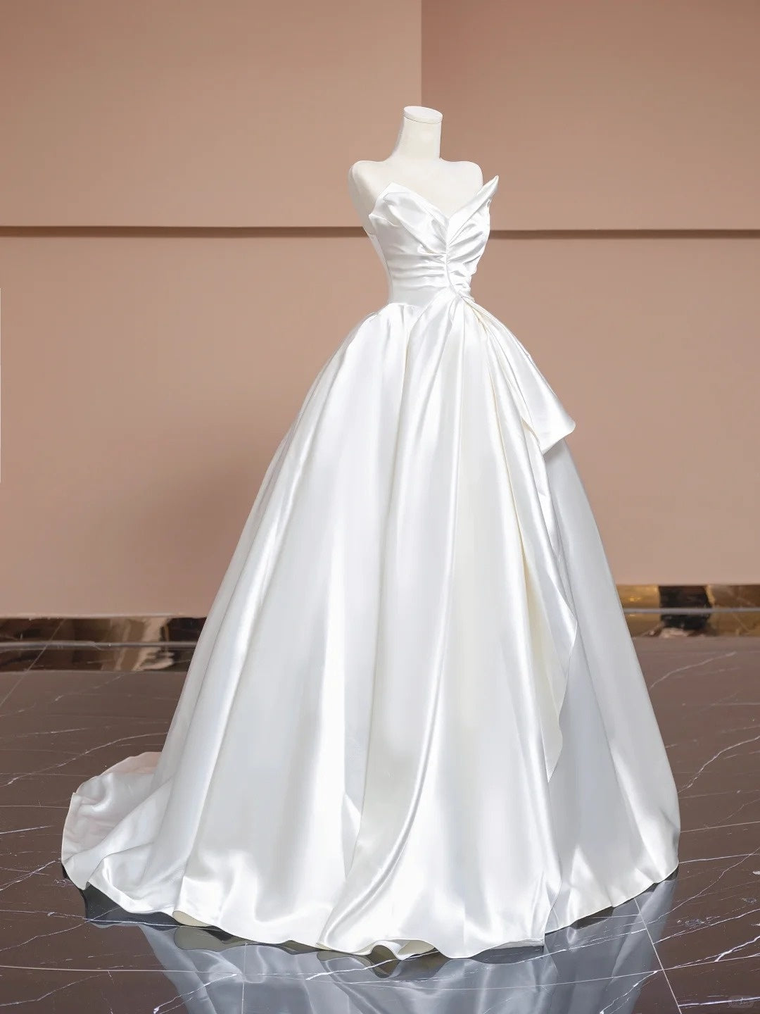 Stylish, elegant, and simple white long satin wedding dress, ball gown, and evening gown. nv5078