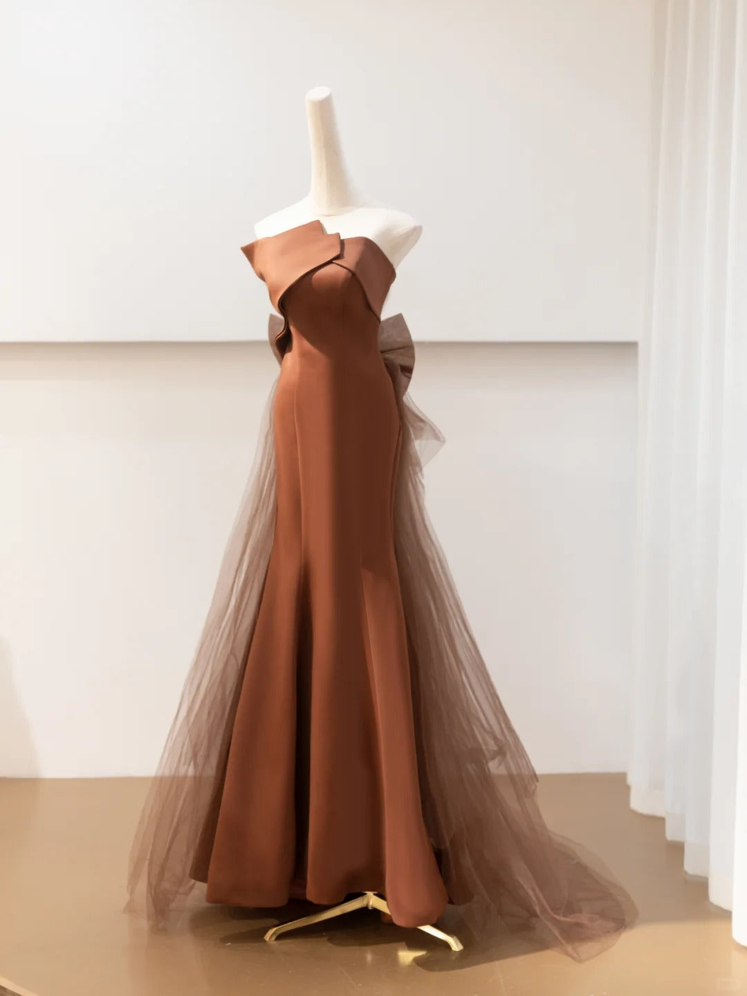Brown Satin Elegant Long Mermaid Tulle Prom Dress Evening Dress Party Dress nv4752
