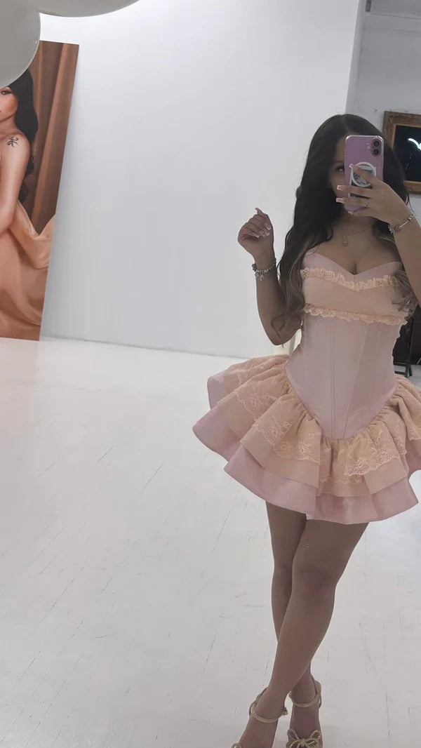 Pink Fashion Satin Lace Short Homecoming Dress Birthday Party Dress nv4695